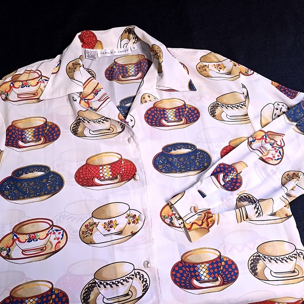 Vtg Carlie's Court Blouse Womens 6 White Teacup Print Long Sleeve Button Up Top